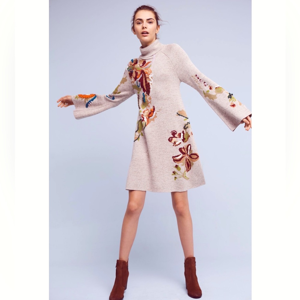 ANTHROPOLOGIE embroidered petals swing dress floral